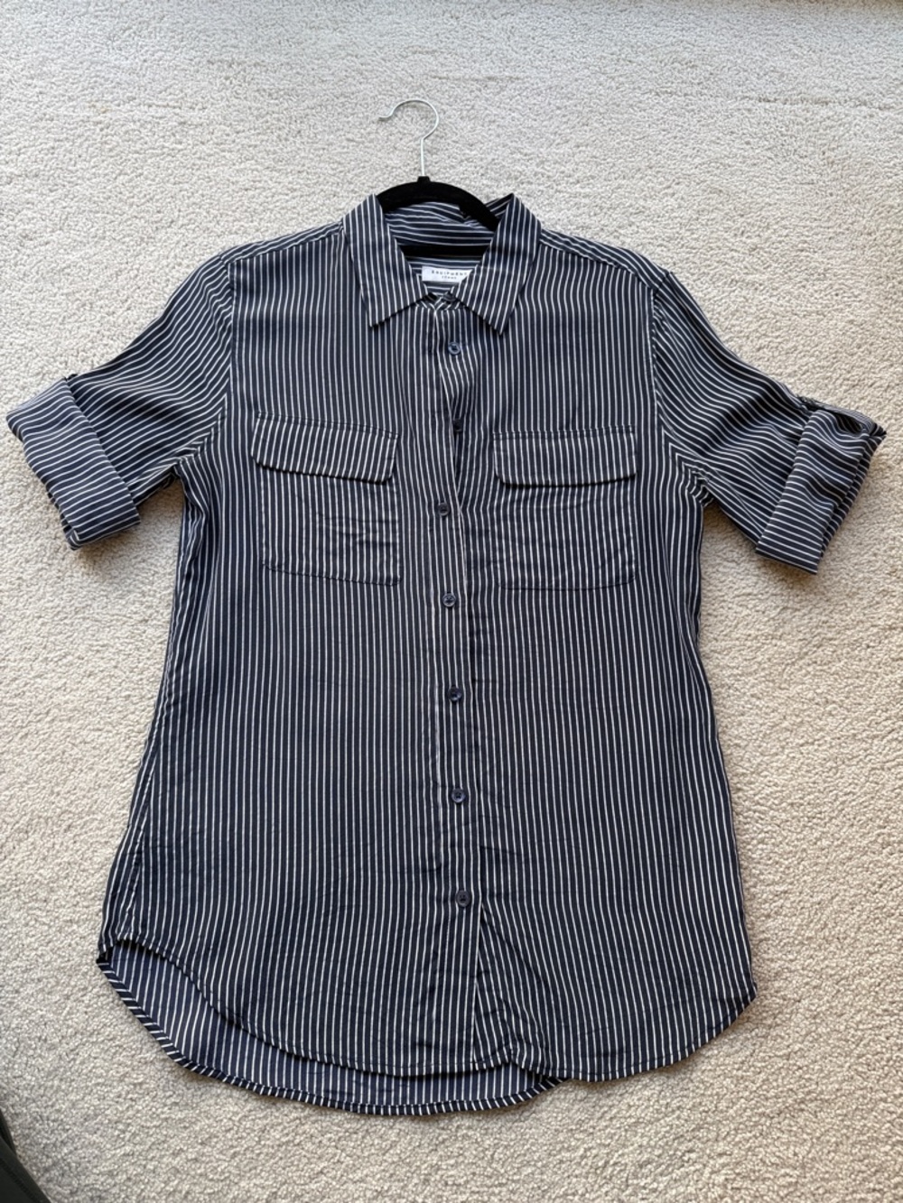 Equipment Navy  and White Striped Silk Button-Down Shirt